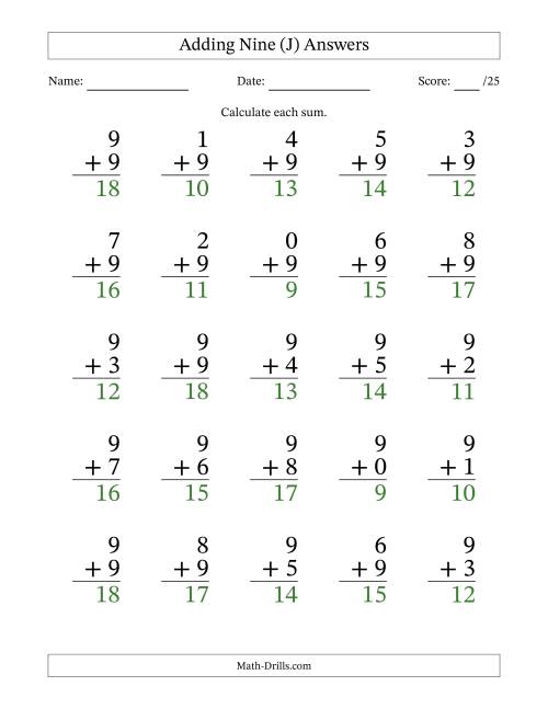 The 25 Adding Nines Questions (J) Math Worksheet Page 2