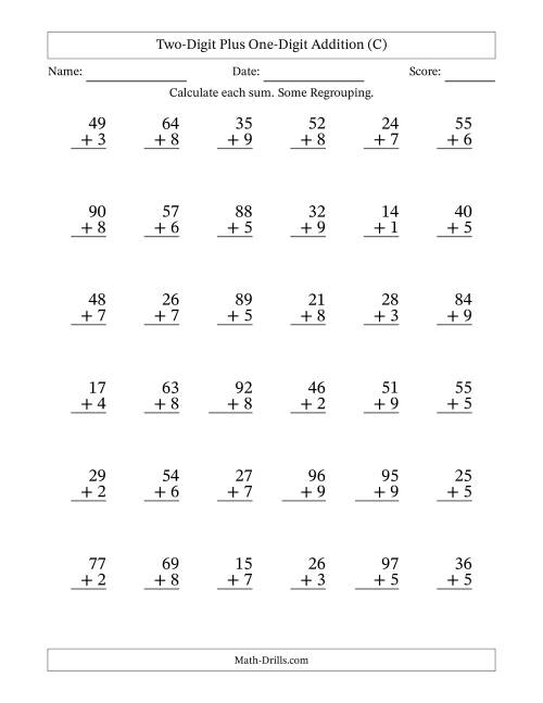 The Two-Digit Plus One-Digit Addition With Some Regrouping – 36 Questions (C) Math Worksheet