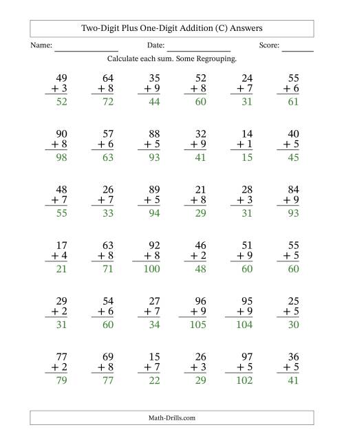 The Two-Digit Plus One-Digit Addition With Some Regrouping – 36 Questions (C) Math Worksheet Page 2