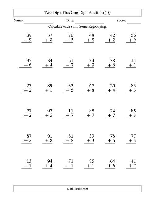 The Two-Digit Plus One-Digit Addition With Some Regrouping – 36 Questions (D) Math Worksheet