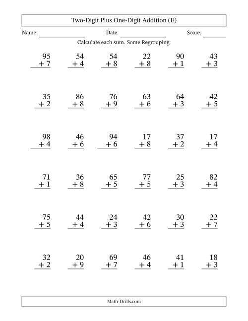The Two-Digit Plus One-Digit Addition With Some Regrouping – 36 Questions (E) Math Worksheet