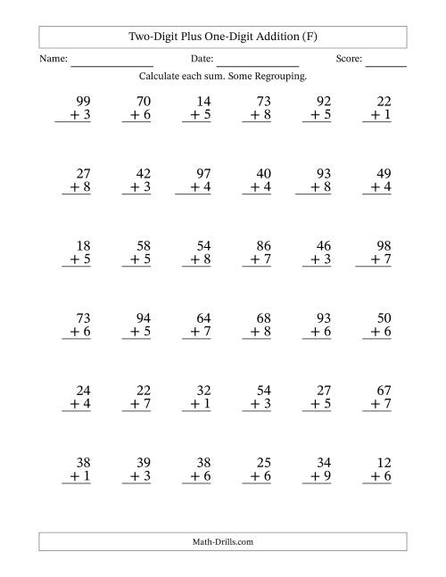 The Two-Digit Plus One-Digit Addition With Some Regrouping – 36 Questions (F) Math Worksheet