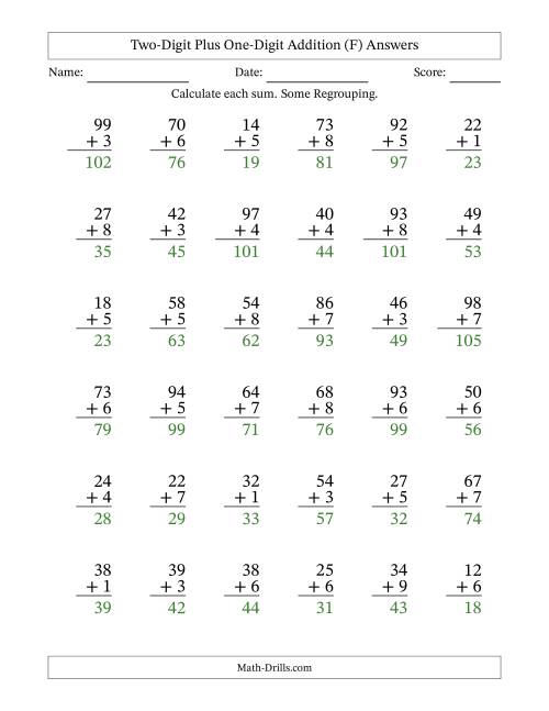 The Two-Digit Plus One-Digit Addition With Some Regrouping – 36 Questions (F) Math Worksheet Page 2