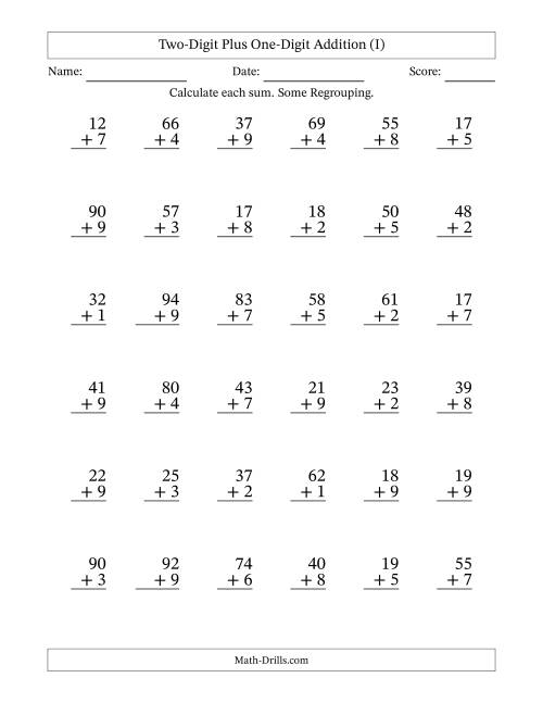 The Two-Digit Plus One-Digit Addition With Some Regrouping – 36 Questions (I) Math Worksheet