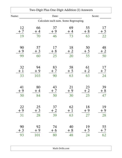 The Two-Digit Plus One-Digit Addition With Some Regrouping – 36 Questions (I) Math Worksheet Page 2