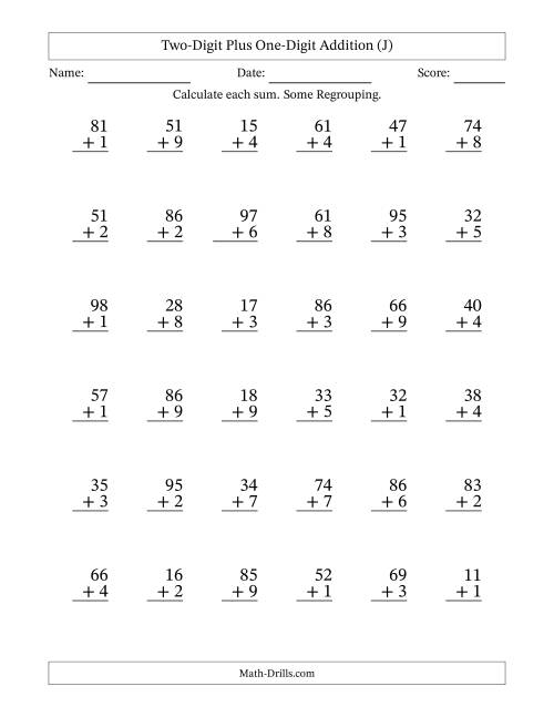The Two-Digit Plus One-Digit Addition With Some Regrouping – 36 Questions (J) Math Worksheet