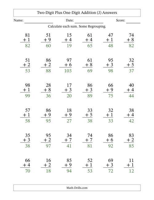 The Two-Digit Plus One-Digit Addition With Some Regrouping – 36 Questions (J) Math Worksheet Page 2