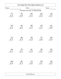 Two-Digit Plus One-Digit Addition With No Regrouping – 25 Questions