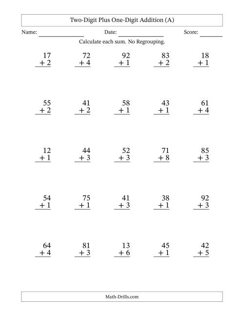 The 2-Digit Plus 1-Digit Addition with NO Regrouping (A) Math Worksheet
