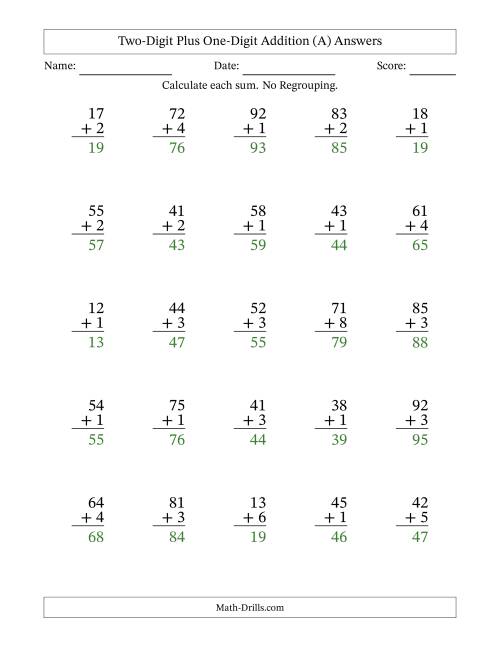 The Two-Digit Plus One-Digit Addition With No Regrouping – 25 Questions (A) Math Worksheet Page 2