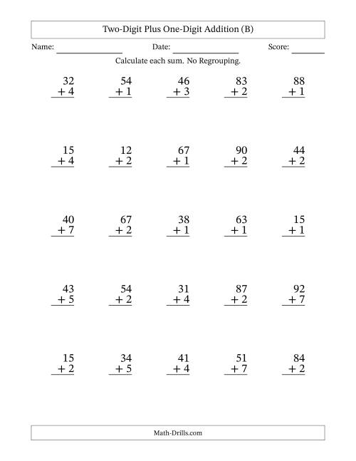 The Two-Digit Plus One-Digit Addition With No Regrouping – 25 Questions (B) Math Worksheet