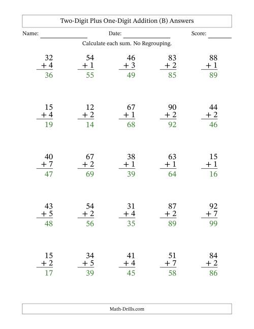 The Two-Digit Plus One-Digit Addition With No Regrouping – 25 Questions (B) Math Worksheet Page 2