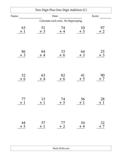 The 2-Digit Plus 1-Digit Addition with NO Regrouping (C) Math Worksheet