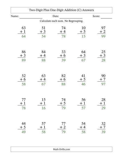 The Two-Digit Plus One-Digit Addition With No Regrouping – 25 Questions (C) Math Worksheet Page 2