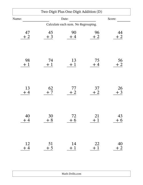 The Two-Digit Plus One-Digit Addition With No Regrouping – 25 Questions (D) Math Worksheet