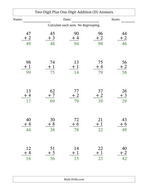 The Two-Digit Plus One-Digit Addition With No Regrouping – 25 Questions (D) Math Worksheet Page 2