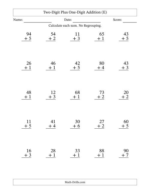 The Two-Digit Plus One-Digit Addition With No Regrouping – 25 Questions (E) Math Worksheet