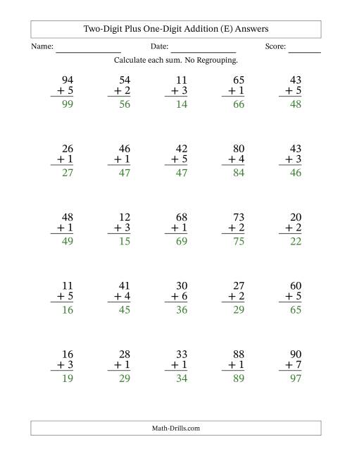 The Two-Digit Plus One-Digit Addition With No Regrouping – 25 Questions (E) Math Worksheet Page 2