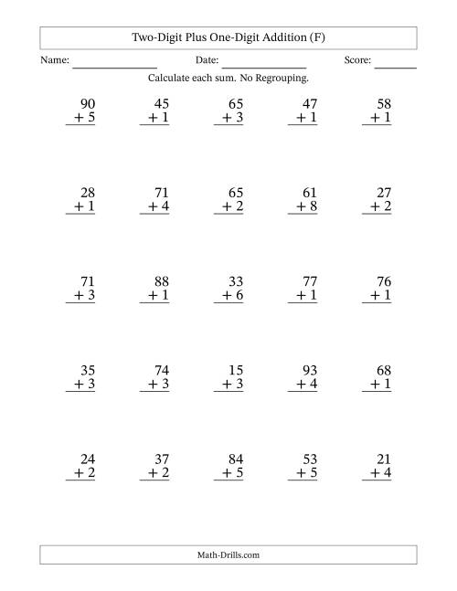 The Two-Digit Plus One-Digit Addition With No Regrouping – 25 Questions (F) Math Worksheet