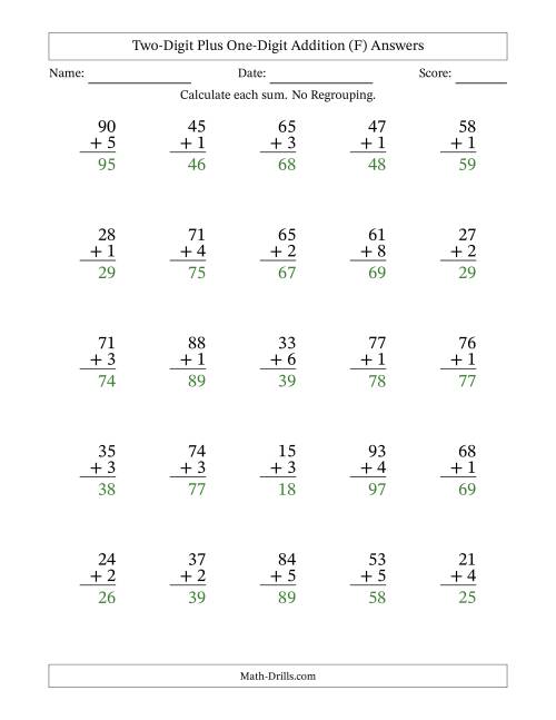 The Two-Digit Plus One-Digit Addition With No Regrouping – 25 Questions (F) Math Worksheet Page 2