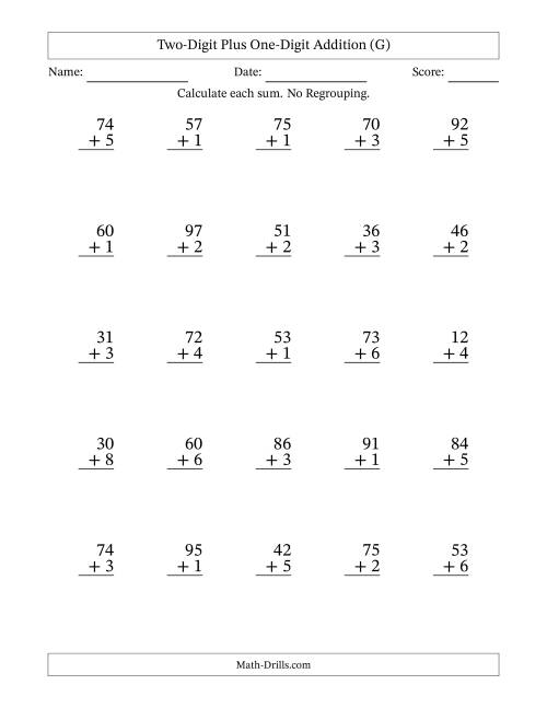 The Two-Digit Plus One-Digit Addition With No Regrouping – 25 Questions (G) Math Worksheet