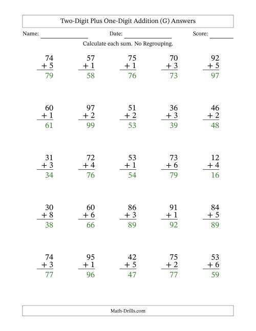 The Two-Digit Plus One-Digit Addition With No Regrouping – 25 Questions (G) Math Worksheet Page 2