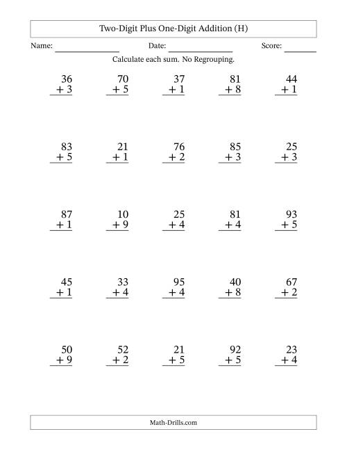 The Two-Digit Plus One-Digit Addition With No Regrouping – 25 Questions (H) Math Worksheet