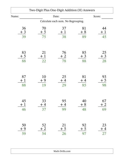 The Two-Digit Plus One-Digit Addition With No Regrouping – 25 Questions (H) Math Worksheet Page 2