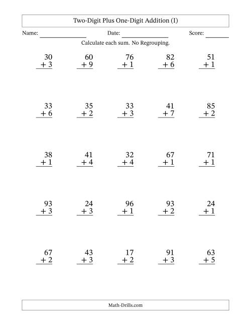 The 2-Digit Plus 1-Digit Addition with NO Regrouping (I) Math Worksheet