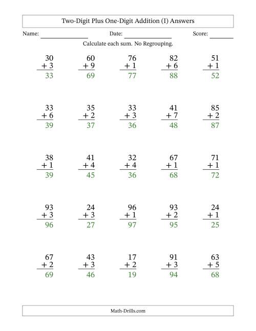 The Two-Digit Plus One-Digit Addition With No Regrouping – 25 Questions (I) Math Worksheet Page 2