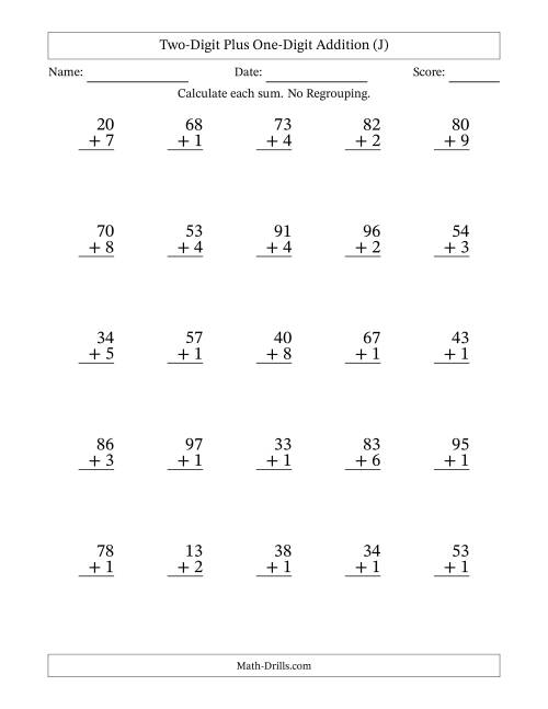 The Two-Digit Plus One-Digit Addition With No Regrouping – 25 Questions (J) Math Worksheet