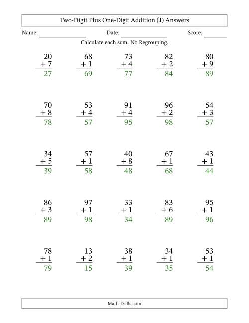 The Two-Digit Plus One-Digit Addition With No Regrouping – 25 Questions (J) Math Worksheet Page 2