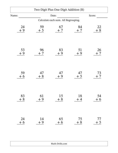 The Two-Digit Plus One-Digit Addition With All Regrouping – 25 Questions (B) Math Worksheet