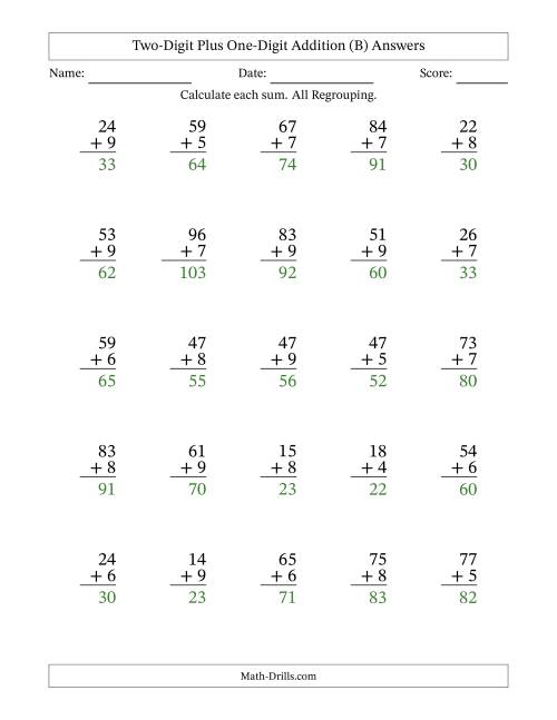 The Two-Digit Plus One-Digit Addition With All Regrouping – 25 Questions (B) Math Worksheet Page 2