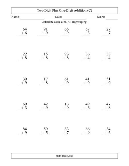 The Two-Digit Plus One-Digit Addition With All Regrouping – 25 Questions (C) Math Worksheet