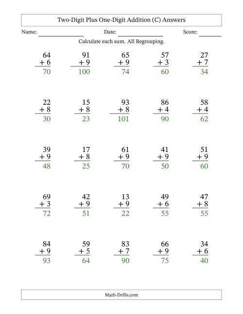 The Two-Digit Plus One-Digit Addition With All Regrouping – 25 Questions (C) Math Worksheet Page 2