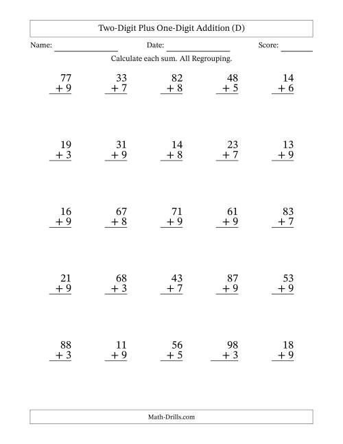 The Two-Digit Plus One-Digit Addition With All Regrouping – 25 Questions (D) Math Worksheet