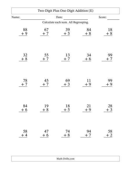 The Two-Digit Plus One-Digit Addition With All Regrouping – 25 Questions (E) Math Worksheet