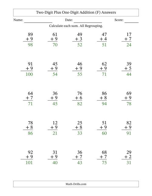 The Two-Digit Plus One-Digit Addition With All Regrouping – 25 Questions (F) Math Worksheet Page 2