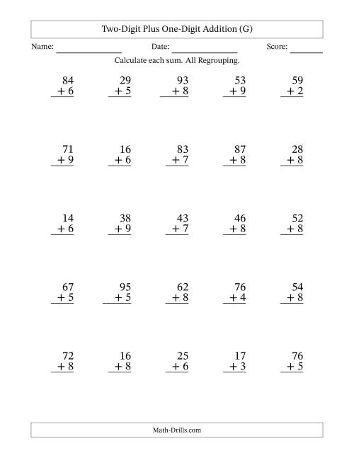 The Two-Digit Plus One-Digit Addition With All Regrouping – 25 Questions (G) Math Worksheet