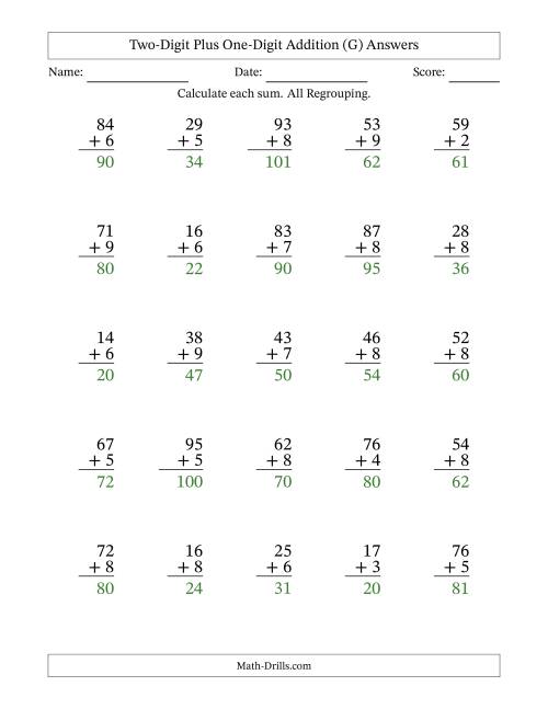 The Two-Digit Plus One-Digit Addition With All Regrouping – 25 Questions (G) Math Worksheet Page 2