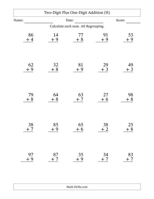 The Two-Digit Plus One-Digit Addition With All Regrouping – 25 Questions (H) Math Worksheet