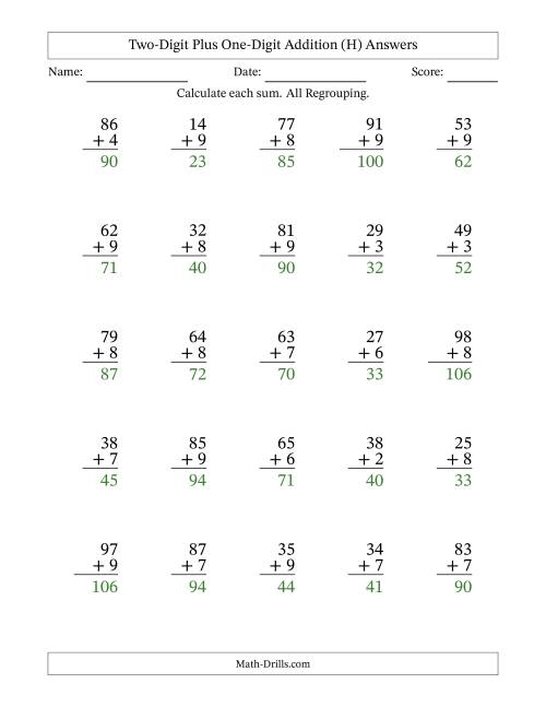 The Two-Digit Plus One-Digit Addition With All Regrouping – 25 Questions (H) Math Worksheet Page 2