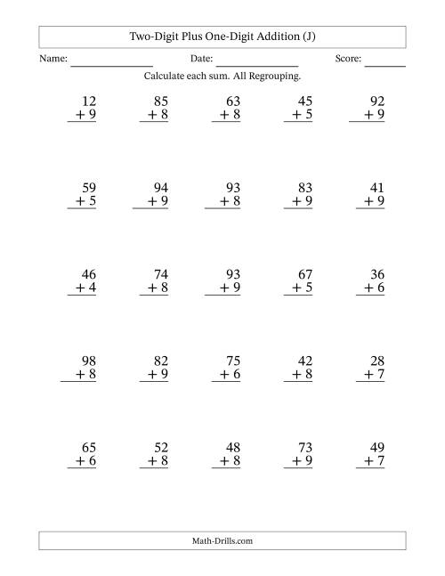 The Two-Digit Plus One-Digit Addition With All Regrouping – 25 Questions (J) Math Worksheet