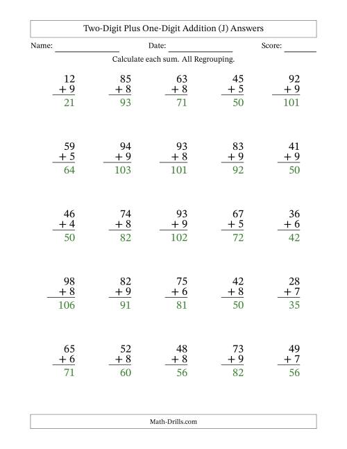 The Two-Digit Plus One-Digit Addition With All Regrouping – 25 Questions (J) Math Worksheet Page 2