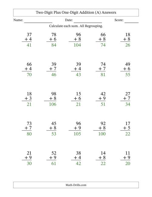 The Two-Digit Plus One-Digit Addition With All Regrouping – 25 Questions (All) Math Worksheet Page 2