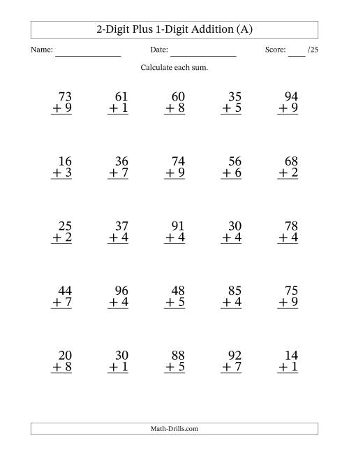 The 2-Digit Plus 1-Digit Addition With Some Regrouping (25 Questions) (A) Math Worksheet