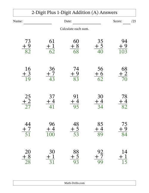 The 2-Digit Plus 1-Digit Addition With Some Regrouping (25 Questions) (A) Math Worksheet Page 2