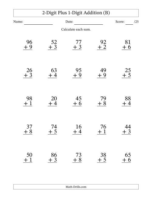 The 2-Digit Plus 1-Digit Addition With Some Regrouping (25 Questions) (B) Math Worksheet