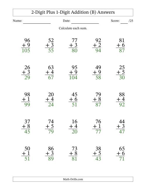 The 2-Digit Plus 1-Digit Addition With Some Regrouping (25 Questions) (B) Math Worksheet Page 2